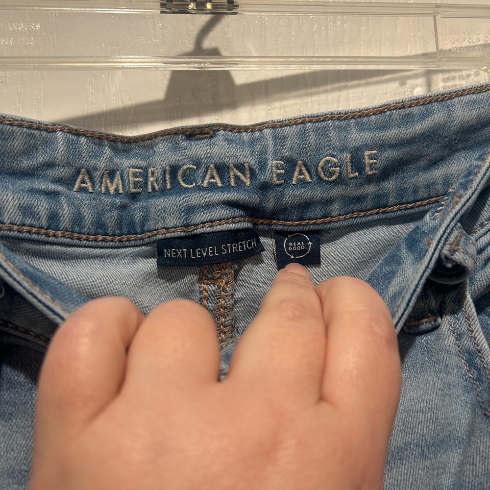 American Eagle Outfitters Light Blue Super High Rise Flare Distressed Jeans - Picture 3 of 7